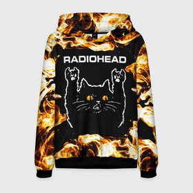 Мужская толстовка 3D с принтом Radiohead рок кот и огонь в Новосибирске, 100% полиэстер | двухслойный капюшон со шнурком для регулировки, мягкие манжеты на рукавах и по низу толстовки, спереди карман-кенгуру с мягким внутренним слоем. | 