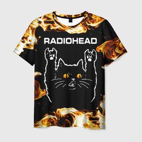 Мужская футболка 3D с принтом Radiohead рок кот и огонь , 100% полиэфир | прямой крой, круглый вырез горловины, длина до линии бедер | 