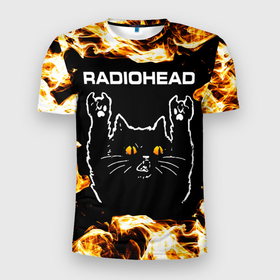 Мужская футболка 3D Slim с принтом Radiohead рок кот и огонь в Тюмени, 100% полиэстер с улучшенными характеристиками | приталенный силуэт, круглая горловина, широкие плечи, сужается к линии бедра | Тематика изображения на принте: 
