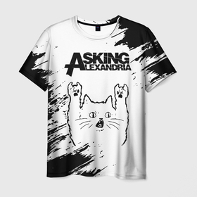 Мужская футболка 3D с принтом Asking Alexandria рок кот на светлом фоне , 100% полиэфир | прямой крой, круглый вырез горловины, длина до линии бедер | Тематика изображения на принте: 
