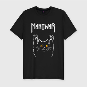 Мужская футболка хлопок Slim с принтом Manowar rock cat в Белгороде, 92% хлопок, 8% лайкра | приталенный силуэт, круглый вырез ворота, длина до линии бедра, короткий рукав | 