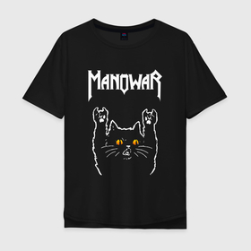 Мужская футболка хлопок Oversize с принтом Manowar rock cat в Белгороде, 100% хлопок | свободный крой, круглый ворот, “спинка” длиннее передней части | 