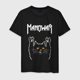 Мужская футболка хлопок с принтом Manowar rock cat в Новосибирске, 100% хлопок | прямой крой, круглый вырез горловины, длина до линии бедер, слегка спущенное плечо. | 