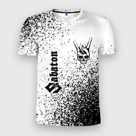 Мужская футболка 3D Slim с принтом Sabaton и рок символ на светлом фоне в Петрозаводске, 100% полиэстер с улучшенными характеристиками | приталенный силуэт, круглая горловина, широкие плечи, сужается к линии бедра | Тематика изображения на принте: 