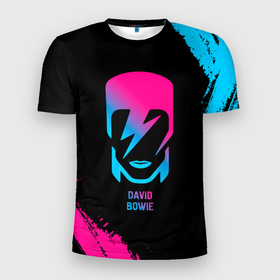 Мужская футболка 3D Slim с принтом David Bowie   neon gradient в Санкт-Петербурге, 100% полиэстер с улучшенными характеристиками | приталенный силуэт, круглая горловина, широкие плечи, сужается к линии бедра | 