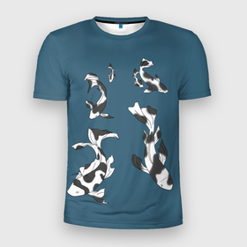 Мужская футболка 3D Slim с принтом Рыбки Кои с двух сторон в Новосибирске, 100% полиэстер с улучшенными характеристиками | приталенный силуэт, круглая горловина, широкие плечи, сужается к линии бедра | carp | koi | sakura | инь и янь | карпы | кои | рыба | сакура | японский стиль