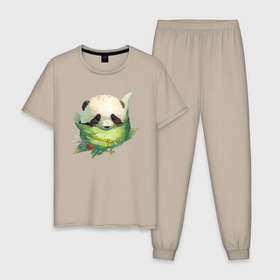 Мужская пижама хлопок с принтом Детёныш панды в гнезде из листьев в Курске, 100% хлопок | брюки и футболка прямого кроя, без карманов, на брюках мягкая резинка на поясе и по низу штанин
 | Тематика изображения на принте: claws | cub | cutie | ears | eyes | leaves | muzzle | nest | nose | panda | paws | глаза | гнездо | детёныш | когти | лапы | листья | милашка | мордочка | нос | панда | уши