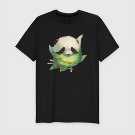 Мужская футболка хлопок Slim с принтом Детёныш панды в гнезде из листьев в Новосибирске, 92% хлопок, 8% лайкра | приталенный силуэт, круглый вырез ворота, длина до линии бедра, короткий рукав | claws | cub | cutie | ears | eyes | leaves | muzzle | nest | nose | panda | paws | глаза | гнездо | детёныш | когти | лапы | листья | милашка | мордочка | нос | панда | уши
