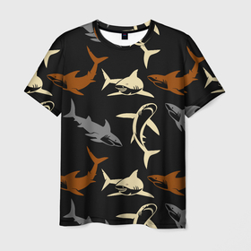 Мужская футболка 3D с принтом Стая акул   паттерн   ночной океан в Новосибирске, 100% полиэфир | прямой крой, круглый вырез горловины, длина до линии бедер | Тематика изображения на принте: fin | jaw | night | ocean | pack | pattern | shark | tail | teeth | акула | зубы | ночь | океан | пасть | паттерн | плавник | стая | хвост
