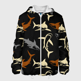 Мужская куртка 3D с принтом Стая акул   паттерн   ночной океан в Новосибирске, ткань верха — 100% полиэстер, подклад — флис | прямой крой, подол и капюшон оформлены резинкой с фиксаторами, два кармана без застежек по бокам, один большой потайной карман на груди. Карман на груди застегивается на липучку | fin | jaw | night | ocean | pack | pattern | shark | tail | teeth | акула | зубы | ночь | океан | пасть | паттерн | плавник | стая | хвост