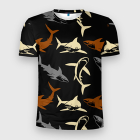Мужская футболка 3D Slim с принтом Стая акул   паттерн   ночной океан в Новосибирске, 100% полиэстер с улучшенными характеристиками | приталенный силуэт, круглая горловина, широкие плечи, сужается к линии бедра | Тематика изображения на принте: fin | jaw | night | ocean | pack | pattern | shark | tail | teeth | акула | зубы | ночь | океан | пасть | паттерн | плавник | стая | хвост