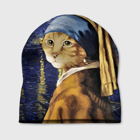 Шапка 3D с принтом Прикол с котом: пародия картина в Петрозаводске, 100% полиэстер | универсальный размер, печать по всей поверхности изделия | ван гог звездная ночь | девушка с жемчужной сережкой | кошка | мем | ян вермеер