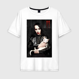 Мужская футболка хлопок Oversize с принтом Marilyn Manson and cat в Новосибирске, 100% хлопок | свободный крой, круглый ворот, “спинка” длиннее передней части | 
