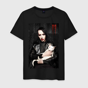 Мужская футболка хлопок с принтом Marilyn Manson and cat в Новосибирске, 100% хлопок | прямой крой, круглый вырез горловины, длина до линии бедер, слегка спущенное плечо. | 