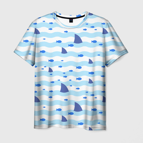 Мужская футболка 3D с принтом Волны, рыбки и плавники акул   паттерн в Тюмени, 100% полиэфир | прямой крой, круглый вырез горловины, длина до линии бедер | Тематика изображения на принте: fin | fish | pattern | shark | wave | акула | волна | паттерн | плавник | рыба