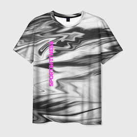 Мужская футболка 3D с принтом SPORTFITNESS в Кировске, 100% полиэфир | прямой крой, круглый вырез горловины, длина до линии бедер | Тематика изображения на принте: sportfitness | мраморный узор | спортивный дизайн | финтес | черный и розовый | черный мрамор