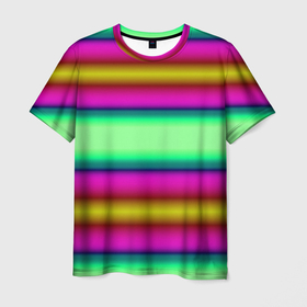 Мужская футболка 3D с принтом Разноцветный неоновый полосатый узор в Кировске, 100% полиэфир | прямой крой, круглый вырез горловины, длина до линии бедер | Тематика изображения на принте: зеленый | неоновый | полосатый узор | разноцветный узор | розовый