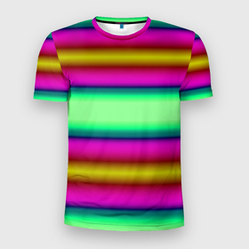 Мужская футболка 3D Slim с принтом Разноцветный неоновый полосатый узор в Кировске, 100% полиэстер с улучшенными характеристиками | приталенный силуэт, круглая горловина, широкие плечи, сужается к линии бедра | Тематика изображения на принте: зеленый | неоновый | полосатый узор | разноцветный узор | розовый