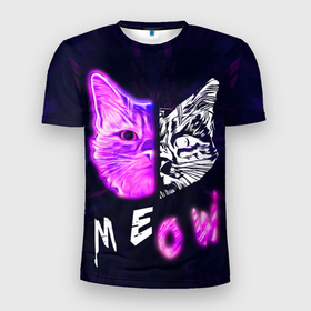 Мужская футболка 3D Slim с принтом Stray   светящийся киберпанк кот в Новосибирске, 100% полиэстер с улучшенными характеристиками | приталенный силуэт, круглая горловина, широкие плечи, сужается к линии бедра | meow | киберпанк | кот | котик | кошка | мяу | стрей | стрэй