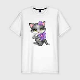 Мужская футболка хлопок Slim с принтом Серая кошечка с фиолетовым бантиком , 92% хлопок, 8% лайкра | приталенный силуэт, круглый вырез ворота, длина до линии бедра, короткий рукав | кот | котенок | котик | кошечка | кошка