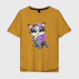 Мужская футболка хлопок Oversize с принтом Серая кошечка с фиолетовым бантиком в Санкт-Петербурге, 100% хлопок | свободный крой, круглый ворот, “спинка” длиннее передней части | кот | котенок | котик | кошечка | кошка