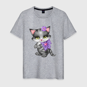 Мужская футболка хлопок с принтом Серая кошечка с фиолетовым бантиком в Санкт-Петербурге, 100% хлопок | прямой крой, круглый вырез горловины, длина до линии бедер, слегка спущенное плечо. | кот | котенок | котик | кошечка | кошка