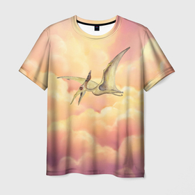 Мужская футболка 3D с принтом птеродактиль в облаках в Новосибирске, 100% полиэфир | прямой крой, круглый вырез горловины, длина до линии бедер | Тематика изображения на принте: дино | динозавр | динозавр с крыльями | летающий динозавр | птеродактиль