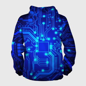Мужская ветровка 3D с принтом Цветная микросхема в Екатеринбурге, 100% полиэстер | подол и капюшон оформлены резинкой с фиксаторами, два кармана без застежек по бокам, один потайной карман на груди | beautiful | blue | chip | color | luminous board | neon | wiring diagram | красивый | неон | светящаяся плата | синий | цветной | чип | электросхема