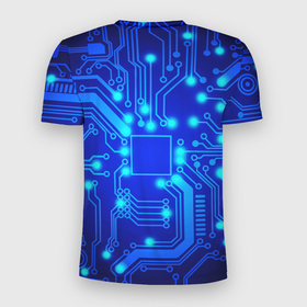 Мужская футболка 3D Slim с принтом Цветная микросхема в Новосибирске, 100% полиэстер с улучшенными характеристиками | приталенный силуэт, круглая горловина, широкие плечи, сужается к линии бедра | Тематика изображения на принте: beautiful | blue | chip | color | luminous board | neon | wiring diagram | красивый | неон | светящаяся плата | синий | цветной | чип | электросхема