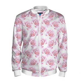 Мужской бомбер 3D с принтом Нежные розы   паттерн , 100% полиэстер | застегивается на молнию, по бокам два кармана без застежек, по низу бомбера и на воротнике - эластичная резинка | Тематика изображения на принте: flowers | petals | pink | roses | seamless pattern | лепестки | нежность | паттерн | роза | розовый | розы | цветы