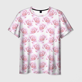 Мужская футболка 3D с принтом Нежные розы   паттерн в Санкт-Петербурге, 100% полиэфир | прямой крой, круглый вырез горловины, длина до линии бедер | flowers | petals | pink | roses | seamless pattern | лепестки | нежность | паттерн | роза | розовый | розы | цветы