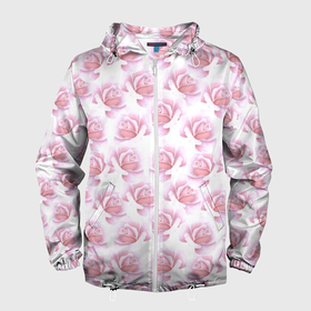 Мужская ветровка 3D с принтом Нежные розы   паттерн , 100% полиэстер | подол и капюшон оформлены резинкой с фиксаторами, два кармана без застежек по бокам, один потайной карман на груди | flowers | petals | pink | roses | seamless pattern | лепестки | нежность | паттерн | роза | розовый | розы | цветы