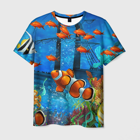 Мужская футболка 3D с принтом Затонувший корабль в окружении обитателей океана , 100% полиэфир | прямой крой, круглый вырез горловины, длина до линии бедер | coral | fish | ocean | seaweed | ship | водоросли | корабль | кораллы | океан | рыбы