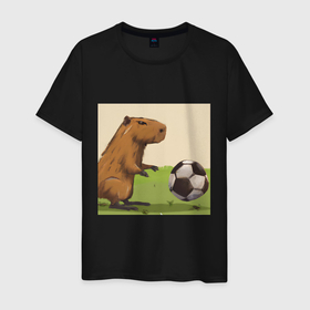 Мужская футболка хлопок с принтом Капибара футболист в Тюмени, 100% хлопок | прямой крой, круглый вырез горловины, длина до линии бедер, слегка спущенное плечо. | звери | капибара | футбол | футболист