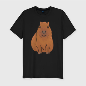 Мужская футболка хлопок Slim с принтом Капибара сидит и радуется в Тюмени, 92% хлопок, 8% лайкра | приталенный силуэт, круглый вырез ворота, длина до линии бедра, короткий рукав | Тематика изображения на принте: abstraction | animal | art | artwork | capybara | colorful | colors | graphics | meme | memes | patterns | surrealism | sweethuman | sweethumen | абстракция | арт | графика | животное | искусство | капибара | мем | мемы | разноцветный | сюрр