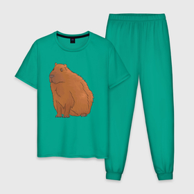 Мужская пижама хлопок с принтом Капибара сидит и думает о жизни в Екатеринбурге, 100% хлопок | брюки и футболка прямого кроя, без карманов, на брюках мягкая резинка на поясе и по низу штанин
 | abstraction | animal | art | artwork | capybara | meme | memes | patterns | surrealism | sweethuman | sweethumen | абстракция | арт | графика | животное | искусство | капибара | мем | мемы | сюрреализм