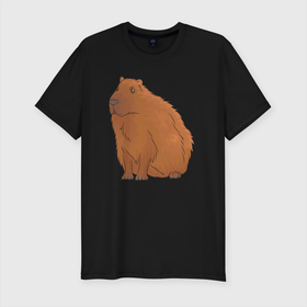 Мужская футболка хлопок Slim с принтом Капибара сидит и думает о жизни в Тюмени, 92% хлопок, 8% лайкра | приталенный силуэт, круглый вырез ворота, длина до линии бедра, короткий рукав | abstraction | animal | art | artwork | capybara | meme | memes | patterns | surrealism | sweethuman | sweethumen | абстракция | арт | графика | животное | искусство | капибара | мем | мемы | сюрреализм