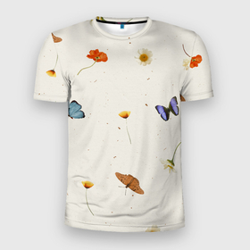 Мужская футболка 3D Slim с принтом Разноцветные Цветы и Бабочки в Екатеринбурге, 100% полиэстер с улучшенными характеристиками | приталенный силуэт, круглая горловина, широкие плечи, сужается к линии бедра | butt | butterflie | flowers | fruits | summer | бабочка | бабочки | букет | лето | природа | сад | садоводство | флора | фрукты | цветы