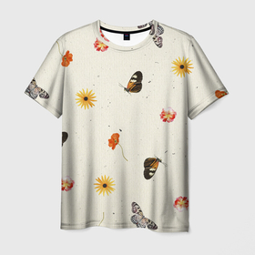 Мужская футболка 3D с принтом Оранжевые Цветы и Бабочки в Тюмени, 100% полиэфир | прямой крой, круглый вырез горловины, длина до линии бедер | butt | butterflie | fruits | summer | бабочка | бабочки | букет | лето | сад | садоводство | флора | фрукты | цветы