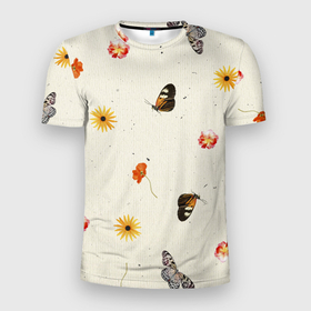Мужская футболка 3D Slim с принтом Оранжевые Цветы и Бабочки в Санкт-Петербурге, 100% полиэстер с улучшенными характеристиками | приталенный силуэт, круглая горловина, широкие плечи, сужается к линии бедра | butt | butterflie | fruits | summer | бабочка | бабочки | букет | лето | сад | садоводство | флора | фрукты | цветы