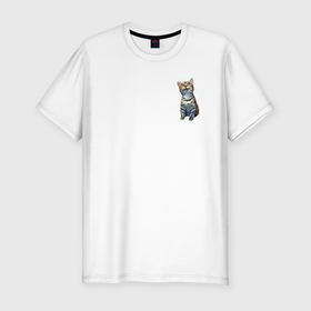 Мужская футболка хлопок Slim с принтом Котенок бенгал , 92% хлопок, 8% лайкра | приталенный силуэт, круглый вырез ворота, длина до линии бедра, короткий рукав | bengal cat | бенгал | бенгальская кошка | бенгальский кот | бенгальский котенок | порода бенгал | снежный бенгал