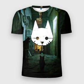 Мужская футболка 3D Slim с принтом Бродяга во дворе в Санкт-Петербурге, 100% полиэстер с улучшенными характеристиками | приталенный силуэт, круглая горловина, широкие плечи, сужается к линии бедра | cat | game | games | бездомный | бродяга | игра | игры | кот | котёнок | стрей | стрэй