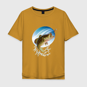 Мужская футболка хлопок Oversize с принтом Ловля окуня на блесну в Тюмени, 100% хлопок | свободный крой, круглый ворот, “спинка” длиннее передней части | baubles | fin | fish | fishing | fishing line | jaw | блесна | леска | окунь | пасть | плавник | рыба | рыбалка