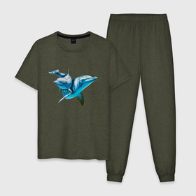 Мужская пижама хлопок с принтом Дельфин с дельфинёнком в Новосибирске, 100% хлопок | брюки и футболка прямого кроя, без карманов, на брюках мягкая резинка на поясе и по низу штанин
 | dolphin | fin | smile | tail | дельфин | плавник | улыбка | хвост