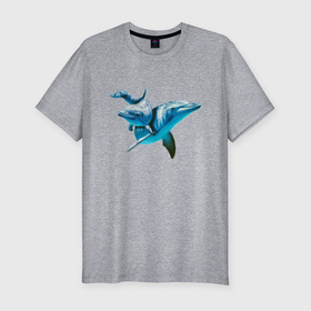 Мужская футболка хлопок Slim с принтом Дельфин с дельфинёнком в Санкт-Петербурге, 92% хлопок, 8% лайкра | приталенный силуэт, круглый вырез ворота, длина до линии бедра, короткий рукав | dolphin | fin | smile | tail | дельфин | плавник | улыбка | хвост