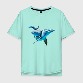 Мужская футболка хлопок Oversize с принтом Дельфин с дельфинёнком в Курске, 100% хлопок | свободный крой, круглый ворот, “спинка” длиннее передней части | dolphin | fin | smile | tail | дельфин | плавник | улыбка | хвост