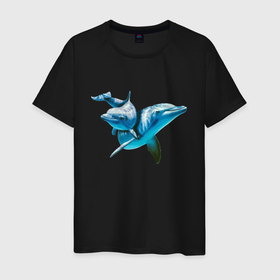 Мужская футболка хлопок с принтом Дельфин с дельфинёнком в Санкт-Петербурге, 100% хлопок | прямой крой, круглый вырез горловины, длина до линии бедер, слегка спущенное плечо. | Тематика изображения на принте: dolphin | fin | smile | tail | дельфин | плавник | улыбка | хвост