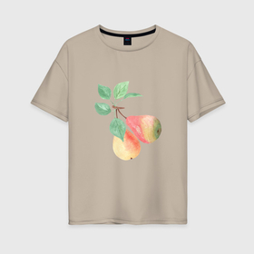 Женская футболка хлопок Oversize с принтом Акварельные груши на ветке в Белгороде, 100% хлопок | свободный крой, круглый ворот, спущенный рукав, длина до линии бедер
 | branch | dessert | food | fruit | juicy | leaves | pear | red | ripe | summer | watercolor | yellow | акварель | ветка | груша | десерт | еда | желтый | красный | лето | листья | сочный | спелый | фрукт