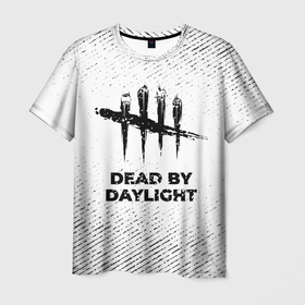 Мужская футболка 3D с принтом Dead by Daylight с потертостями на светлом фоне в Тюмени, 100% полиэфир | прямой крой, круглый вырез горловины, длина до линии бедер | 