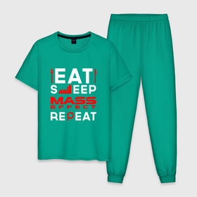 Мужская пижама хлопок с принтом Надпись eat sleep Mass Effect repeat в Белгороде, 100% хлопок | брюки и футболка прямого кроя, без карманов, на брюках мягкая резинка на поясе и по низу штанин
 | Тематика изображения на принте: 